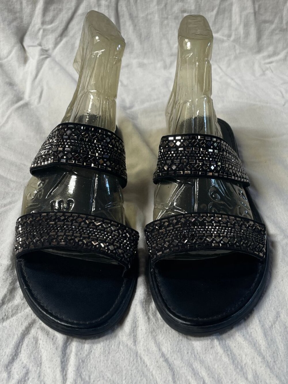 A New Day Black Rhinestone Embellished Double Strap Slide Sandals Size 8.5